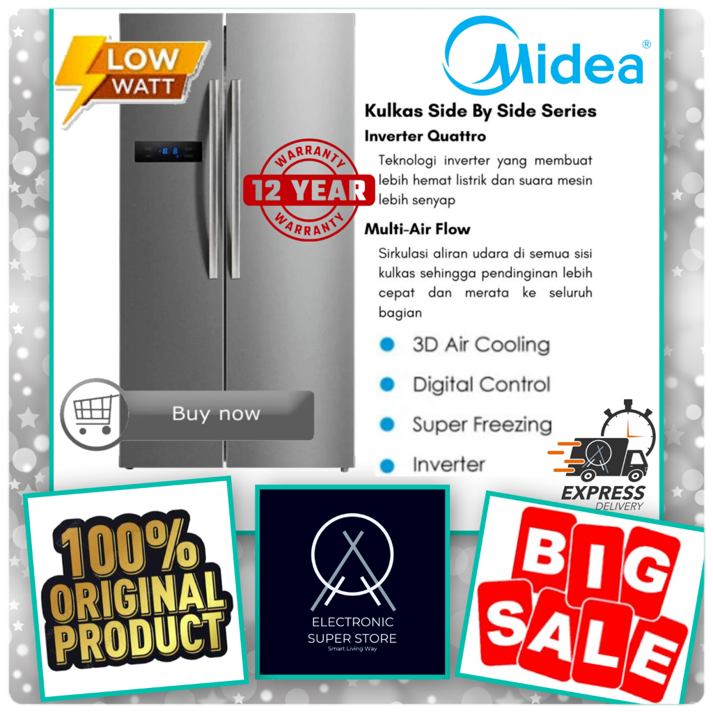 MIDEA KULKAS HC-689WE HC689WE 689WE INVERTER LOW WATT SIDE BY SIDE MIDEA 600L LEMARI ES SUPER COOLIN