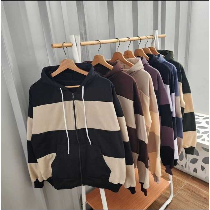 Jaket Zipper Hoodie Wanita Belang/Sweater Jaket Salur Tebal/Jaaket Hoodie Wanita Blaster