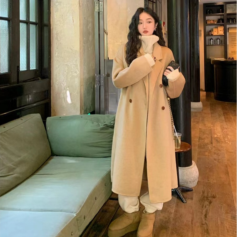 Mantel wol dua sisi wol 80% untuk wanita mantel wol longgar model Korea model double-breasted panjan