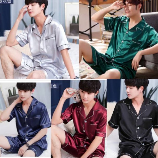 ☇✯✱ Piyama baju tidur pria satin pendek fashion polos