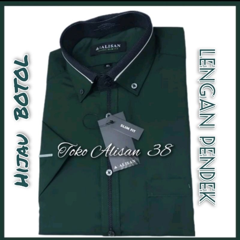 HIJAU BOTOL - Kemeja Alisan Kombinasi List Lengan Pendek Slim Fit
