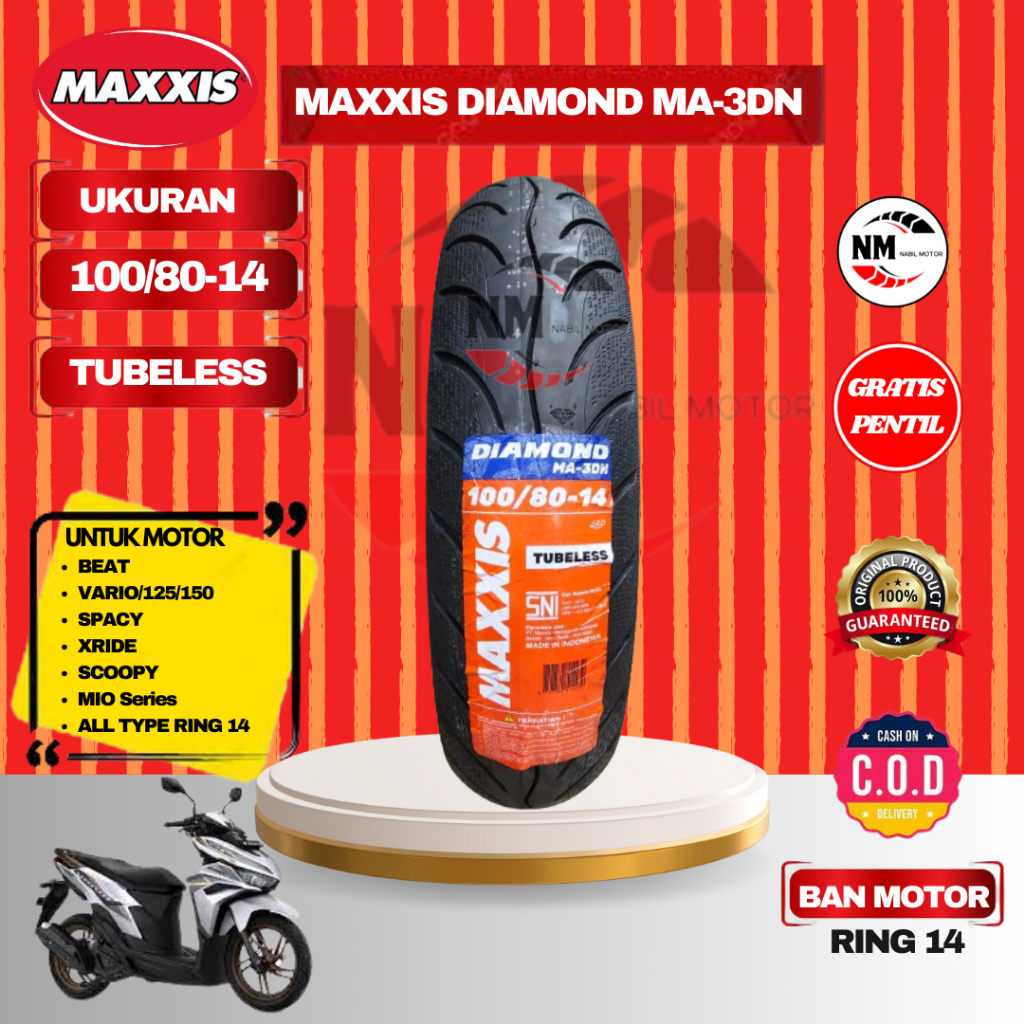 Ban Luar Motor Maxxis Diamond 100/80-14 BONUS PENTIL