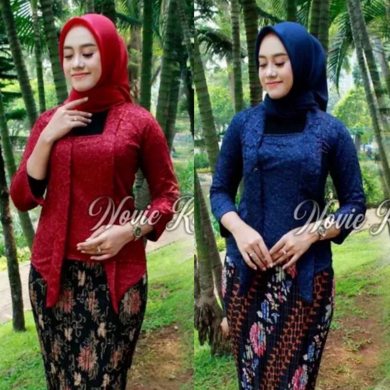 Set Kebaya Brokat Kutubaru Modern / Atasan Kebaya Moderen Lengan 7/8 Mix Rok Plisket Batik Panjang