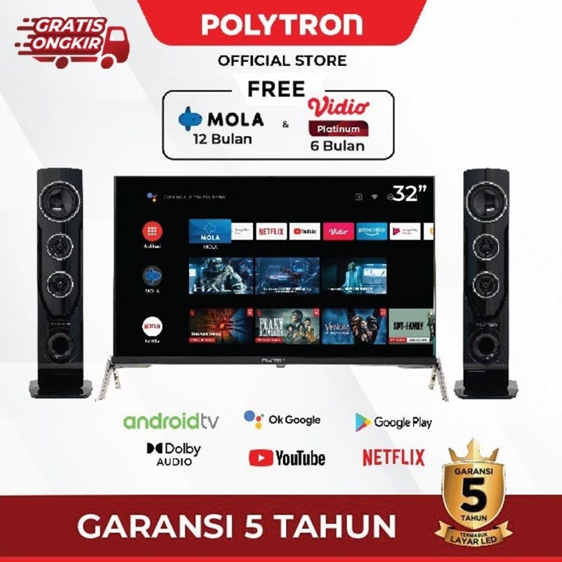 TV LED POLYTRON 32INCH ANDROID TV 32BAG SPEAKER TOWER