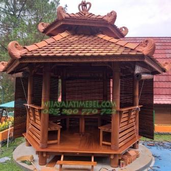 Gazebo Model Segi 6 Kayu Jati Jepara Atap Genteng Model Oval, Saung Model Bangku