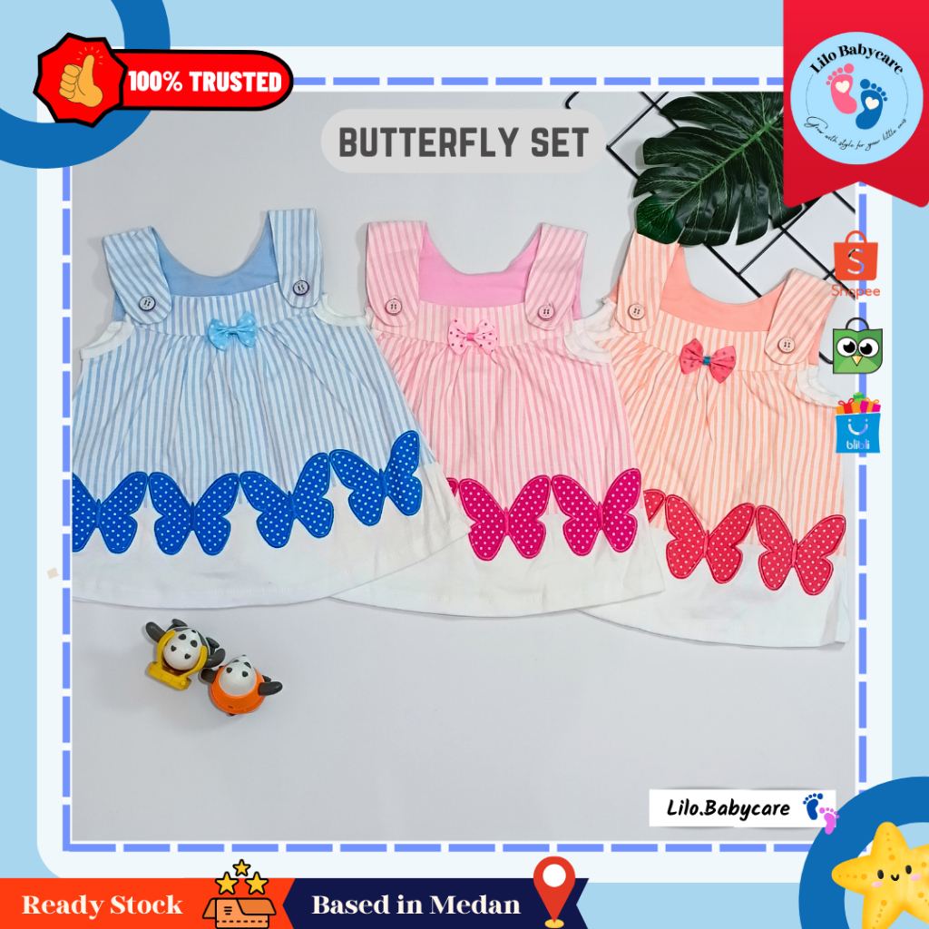 LILOBABYCARE [PG001] || Setelan Baju dan Celana Bayi Cewek Motif Kupu-Kupu / Set Baju Bayi Cewek Tan