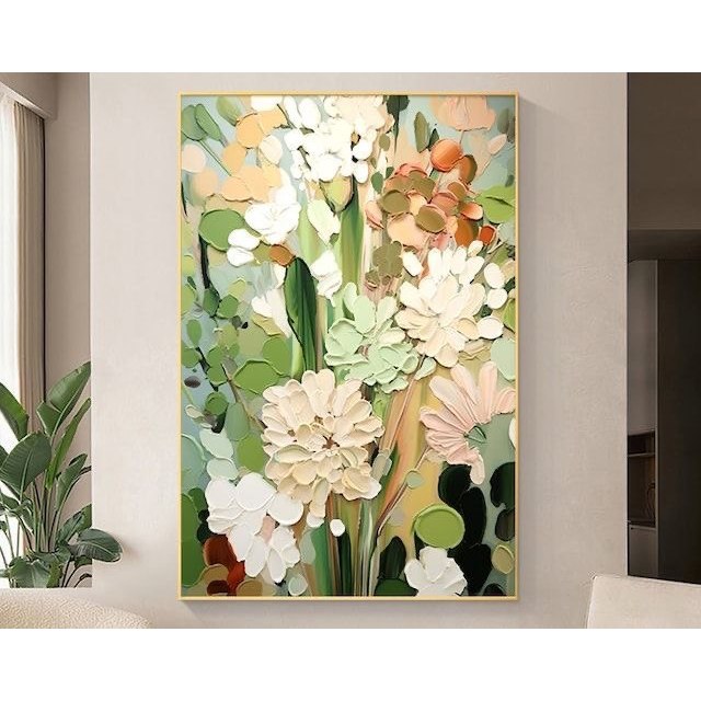 lukisan bunga abstrak warna dasar hijau bahan kanvas