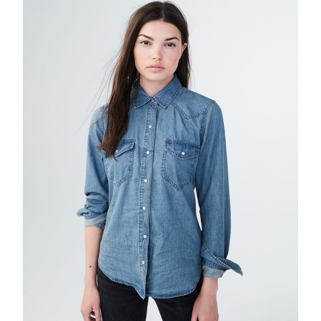 RNN AEROPOSTALE Kemeja Wanita Lengan Panjang Long Sleeve Chambray Western Woven Shirt Model Jeans
