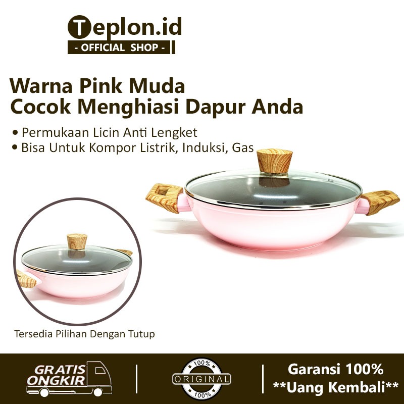 Cypruz Wajan Penggorengan Pink Anti Lengket | Kuali Cekung Keramik + Tutup Kaca