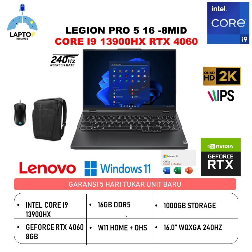 Laptop Lenovo Legion Pro 5 16 I9 13900HX RTX 4060 8gb Ram 16gb 1tb W11+OHS 16.0" WQXGA 240Hz -8MID