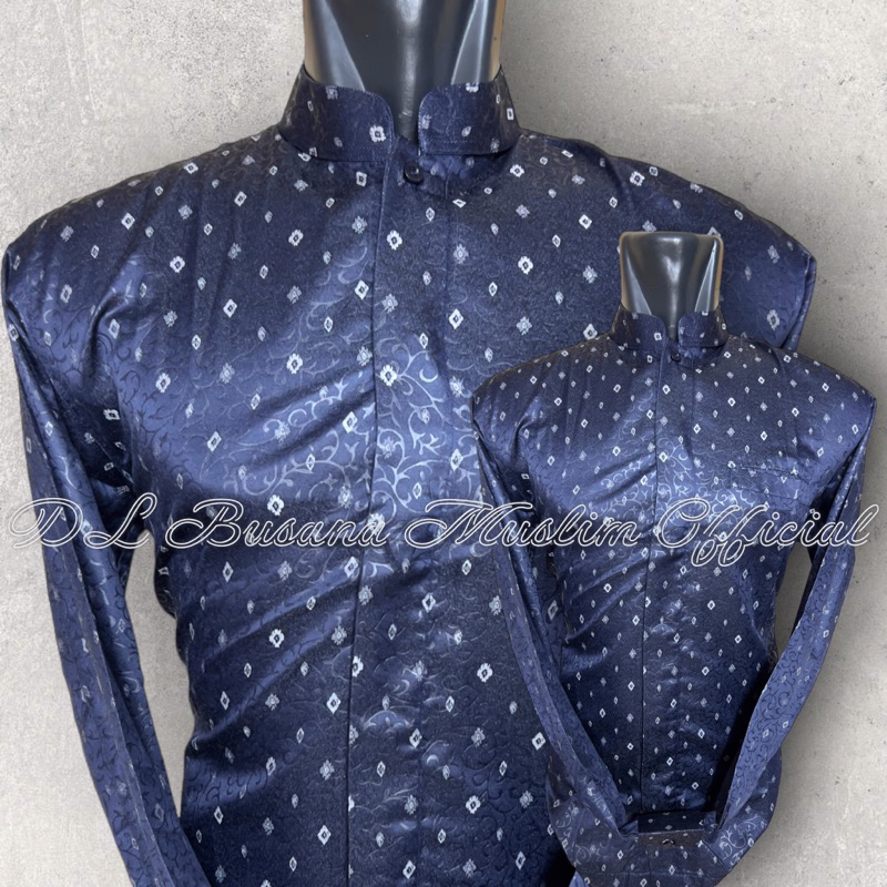 MOTIF BARU WARNA DONGKER TUA, Baju Muslim Pria Lengan Warna Biru Dongker Tua Motif Wajik, Baju Koko 