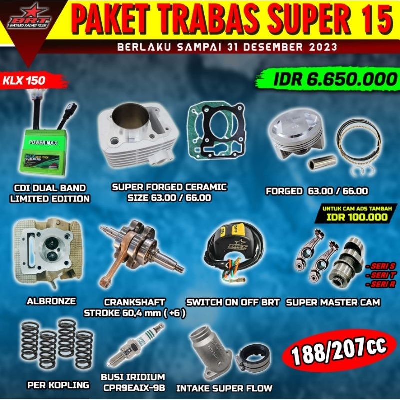 (KLX 150/D-TRACKER) PAKET TRABAS SUPER 6 FULL BRT PAKET BORE UP HEAD 31 25 PORTING CNC BLOK CERAMIC 