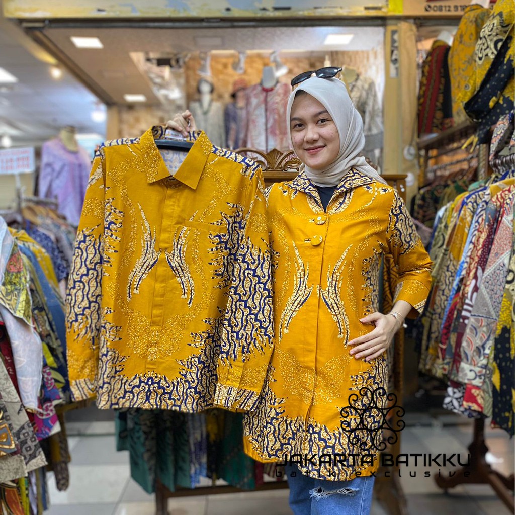 Baju pasangan cople kemeja batik lengan panjang katun furing trikot warna kuning