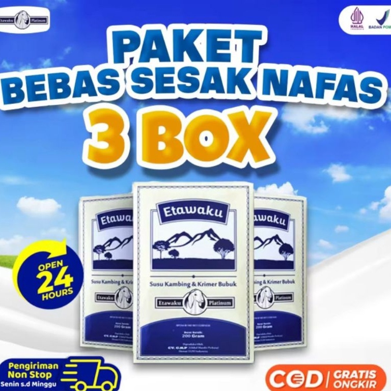 

PAKET 3 BOX ETAWAKU PLATINUM - Susu Kambing Etawa Provit Solusi Atasi Masalah Gangguan Pernapasan / Asma / Lutut Sakit Tulang Sakit Nyeri Sendi Tulang Keropos Osteoporosis Obat Nafas Napas Lega Minuman Kesehatan Termurah Terlaris Terampuh Terlaris (