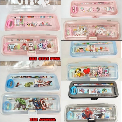 

KOTAK PENSIL TEMPAT PENSIL PENSIL CASE SET 4 IN 1 STATIONERY PERALATAN TULIS ALAT TULIS KANTOR ATK ATS ANAK DEWASA HADIAH KADO ULANG TAHUN KARAKTER AVENGER MARVEL SPIDERMAN BT21 UNICORN vincess