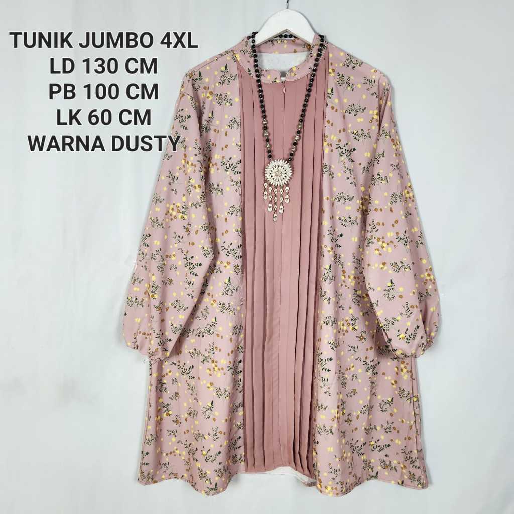Tunik Jumbo Bigsize Ld 130 Cm Motif Bunga Model Kombinasi Plisket