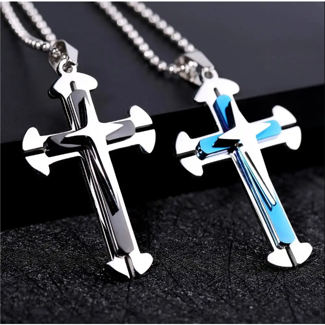 Kalung Salib 3 Lapis Keren Unik Untuk Kristen / Katolik Warna Hitam Biru Gold -Kalung Salib Pria Wan