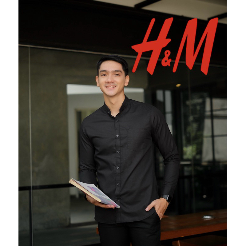 kemeja pria lengan panjang casual hitam H&M slimfit