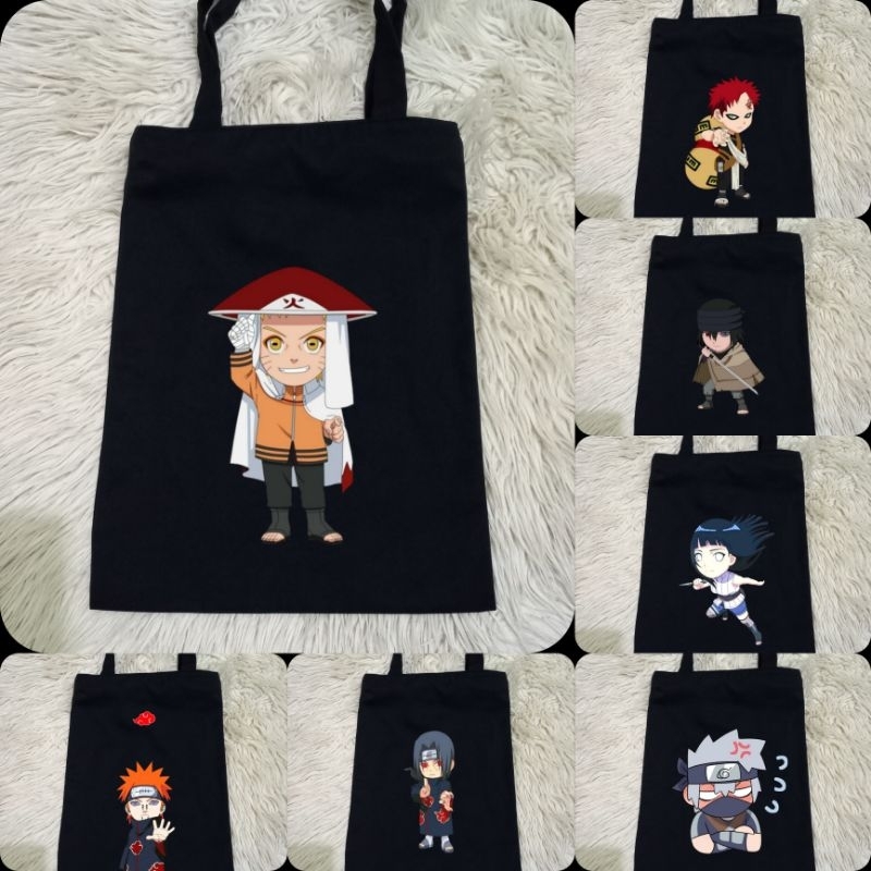 Totebag Hitam Naruto Anime Chibi 100% Kanvas Premium / Tas Jinjing Hitam Anime Naruto / Tas Belanja 