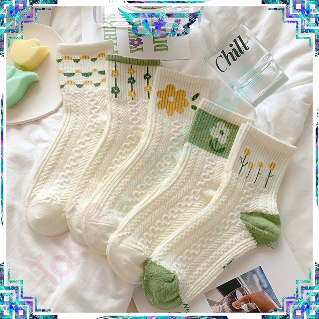 TBB Kaos Kaki Wanita Motif Hijau Fashion Korea Women Sock Import Murah KK098
