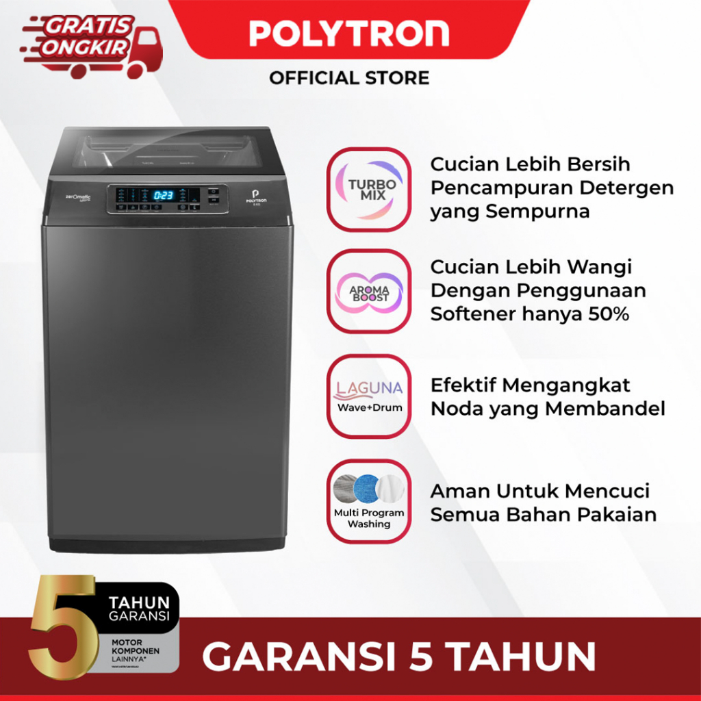 POLYTRON Mesin Cuci 1 Tabung Zeromatic Laguna series  Hijab 10 KG - PAW 1028Y