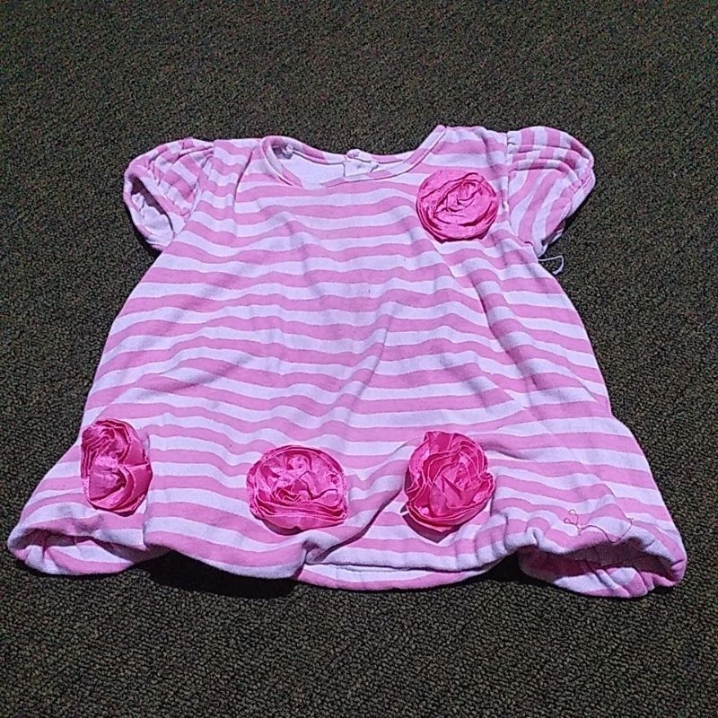 TSY BAJU ANAK DRES LD50/35CM KAOS MIX FURING GARIS PUTIH PINK EMPAT ROSE BALON KANCING BELAKANG LENG