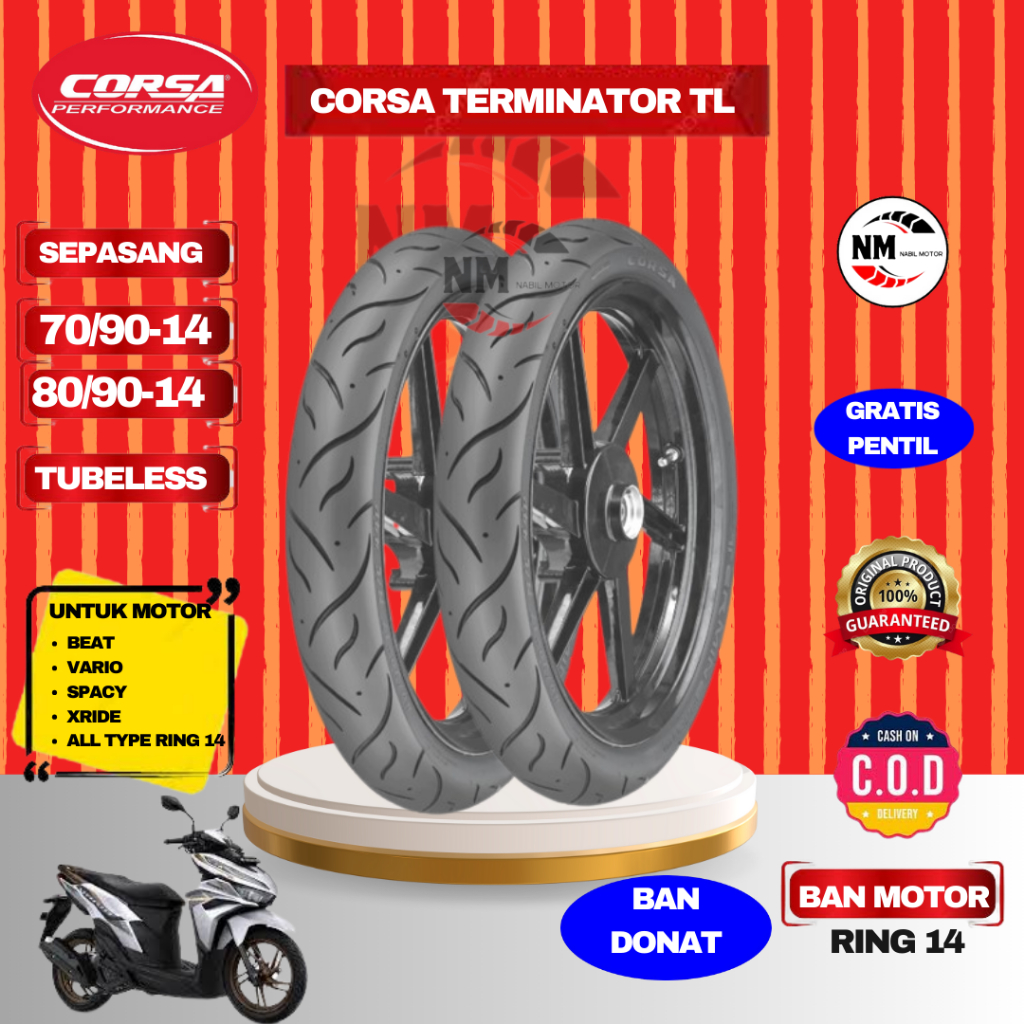Paket Ban Corsa terminator 70/90-14 Dan 80/90-14 Ring 14 Matic Corsa Terminator Ban Donat Tubeless F