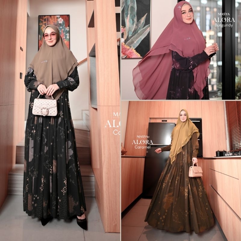 Set Gamis Dress Ceruty Babydoll Printing Premium Syari Pink Fanta - Coklat Tua - Mocca - Burgundy - 