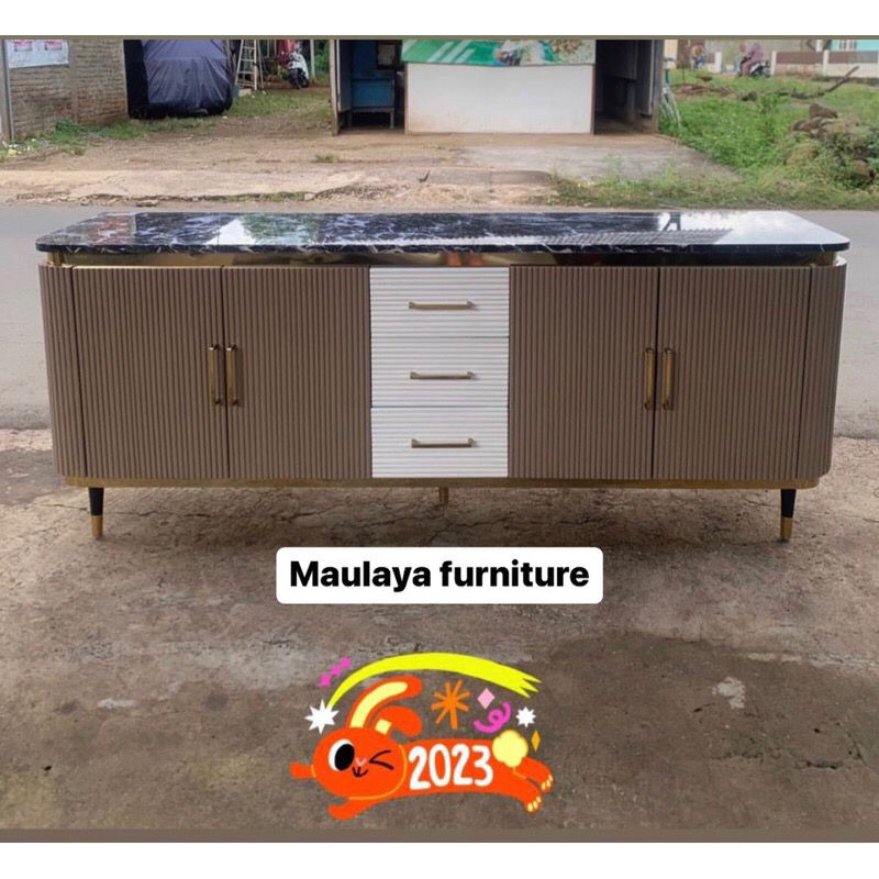 Bufet Credenza Salur Top Asli Marmer Hitam