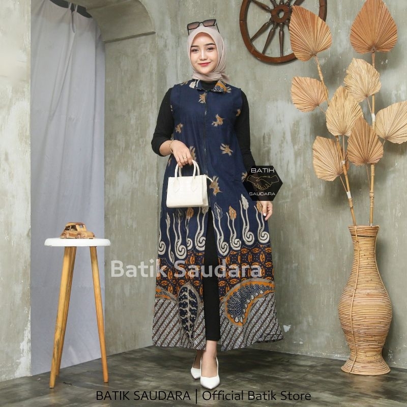 Cardigan Outer Batik Panjang Jumbo Kain Katun Ritsleting Depan