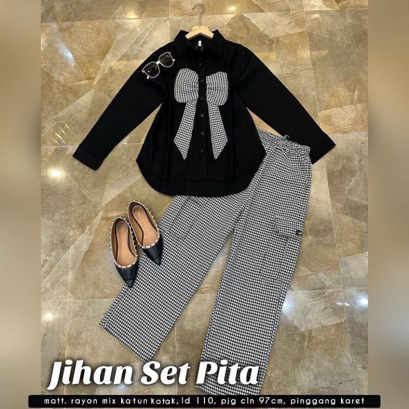 Jihan Set Pita Baju Setelan Wanita Atasan + Celana Terbaru 2023 Set Wanita Bahan Rayon Mix Rayon Kotak SF