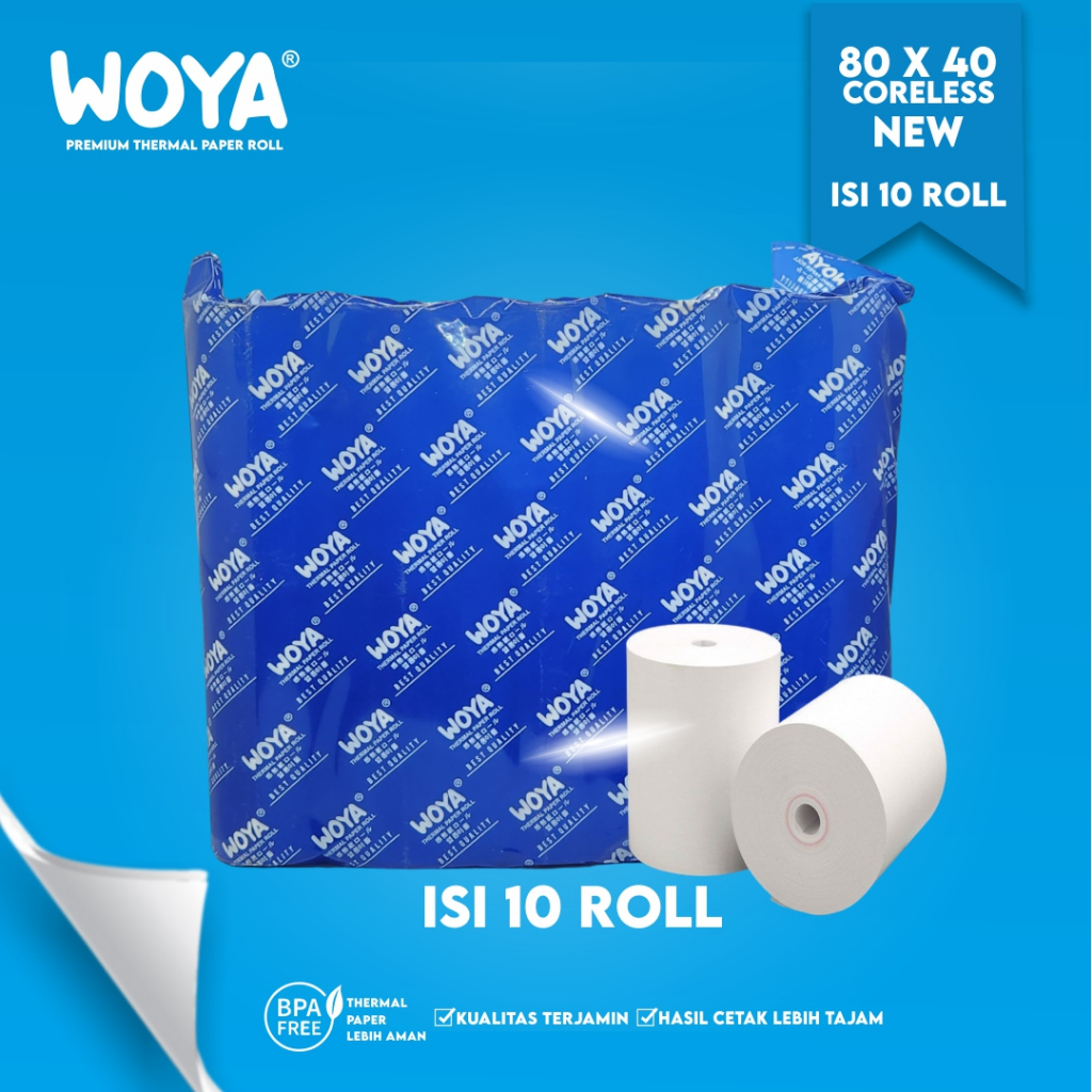 

WOYA 10 ROLL KERTAS THERMAL STRUK KASIR / PPOB PAPER ROLL 80X40 CORELESS TERMAL POS RECEIPT MINI PRINTER BLUETOOTH 80MM 80X40MM CORELESS PREMIUM TANPA CORE