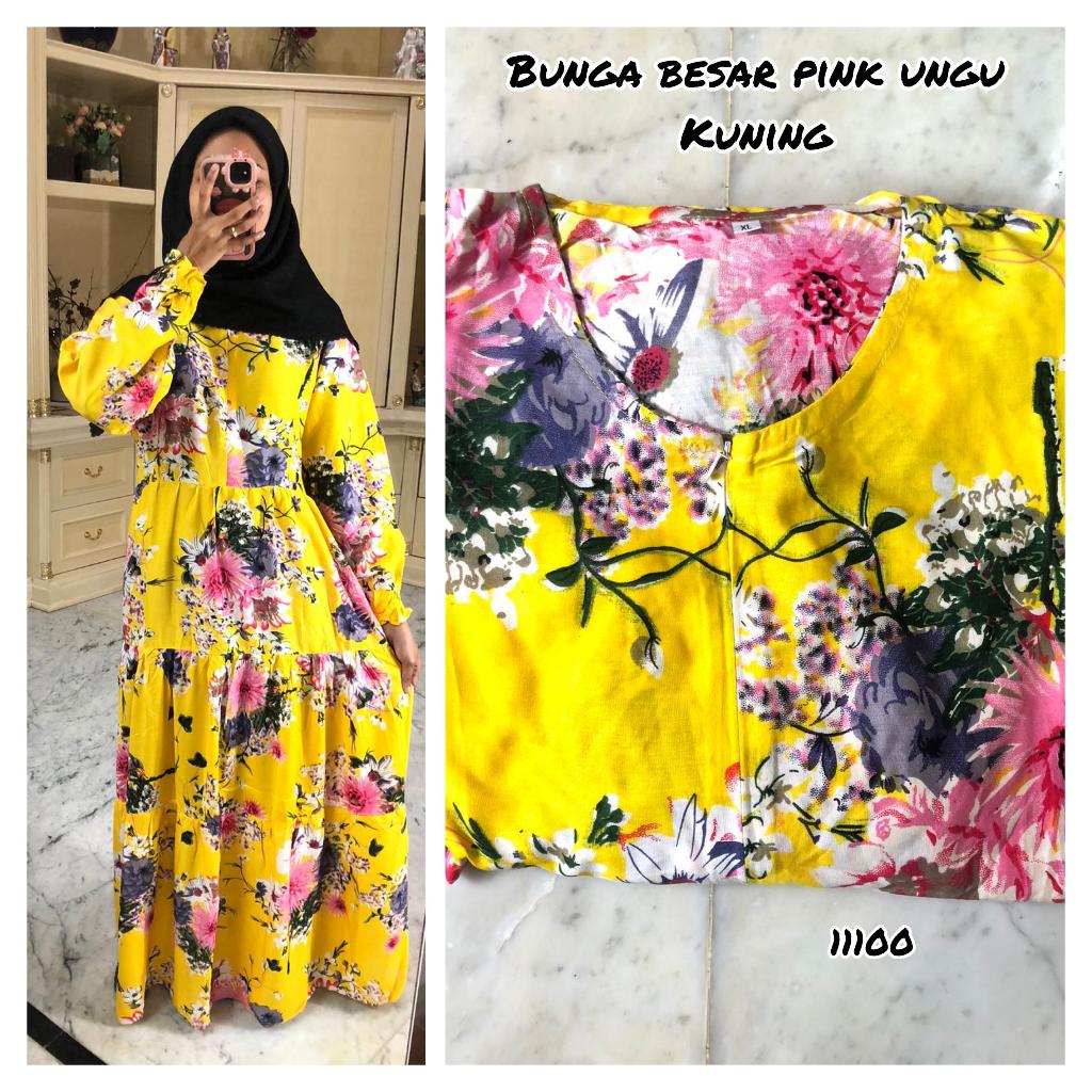 GAMIS RAYON MOTIF BUNGA BESAR PINK UNGU (KUNING)