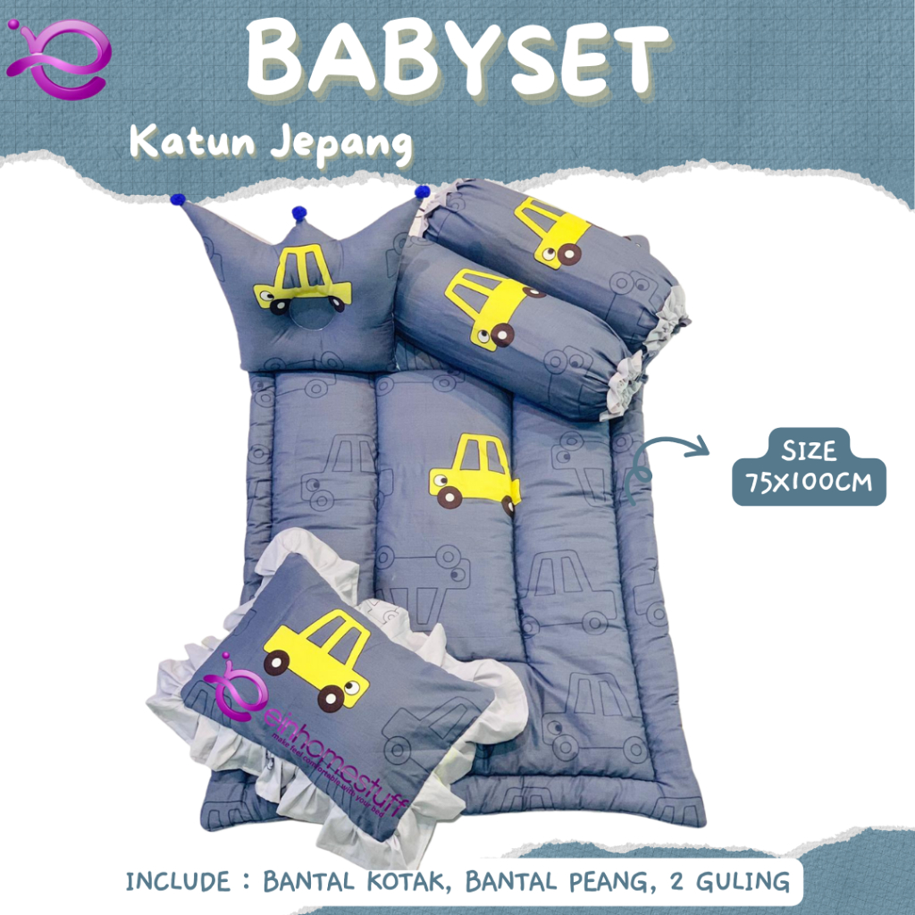 EINHOMESTUFF Kasur Bayi  Matras Babyset Bahan Jepang Full Motif Mobil Abu