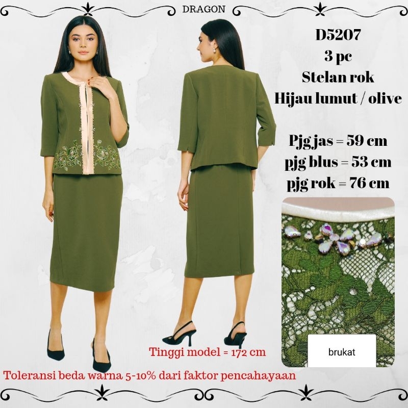 setelan rok DRAGON D5207 , warna =  hitam / hijau lumut olive motif bunga