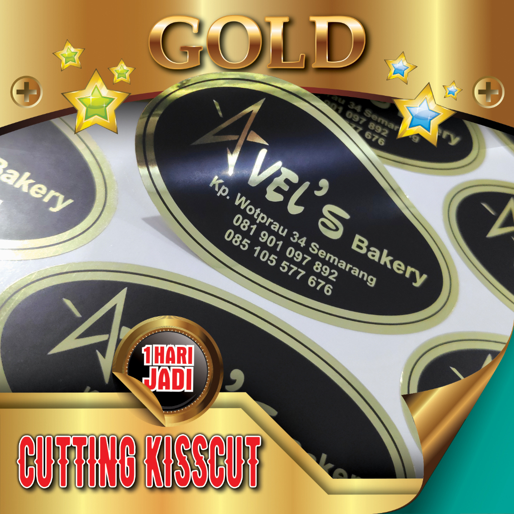 

CETAK STIKER GOLD METALIK A3+ Print + Cutting Kisscut - MINIMAL Order 6 Lembar