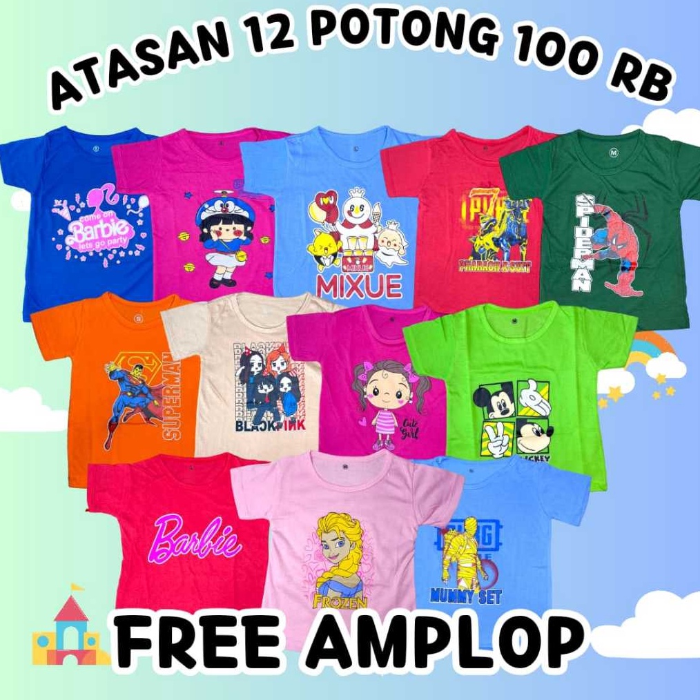 GROSIR PAKET DAPET 12 BAJU KAOS ANAK LAKI LAKI DAN PEREMPUAN 12 Potong / Usia 1-7 Tahun | ATASAN ANA