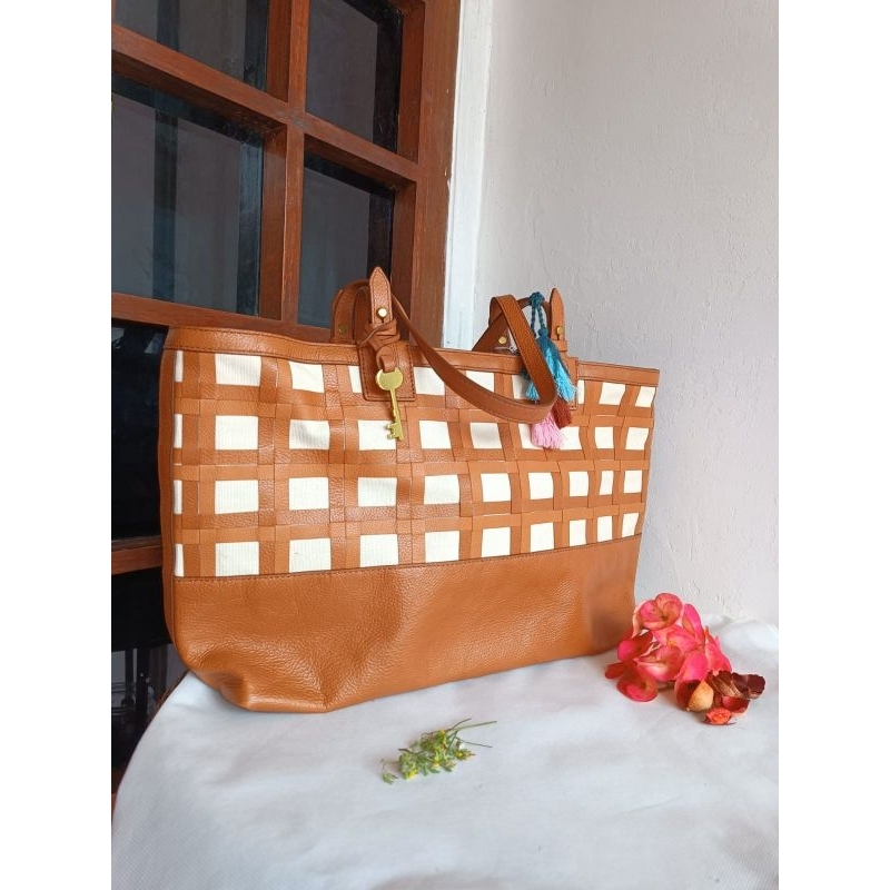 FSL Fos sil Tote rachel tan canvas mix leather asli authentic 100%