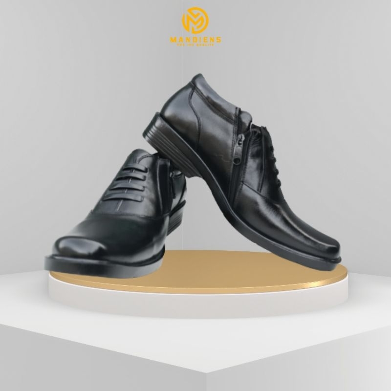 MANDIENS 02B - Sepatu Kulit Oxford Pria Pdh Pendek Kulit Asli Hitam Dof Resleting Tali Mati