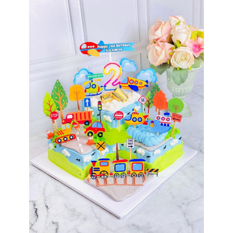 

kue ulang tahun anak birthday transportasi topper cake