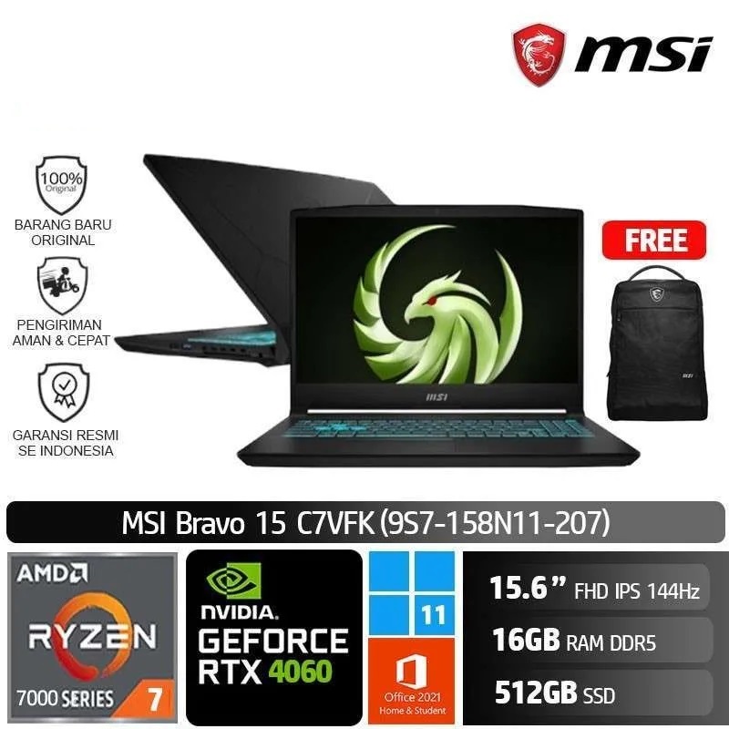 MSI Bravo 15 C7VFK 207 Ryzen 7 7735HS 16GB 512GB RTX4060 8GB Win11 OHS