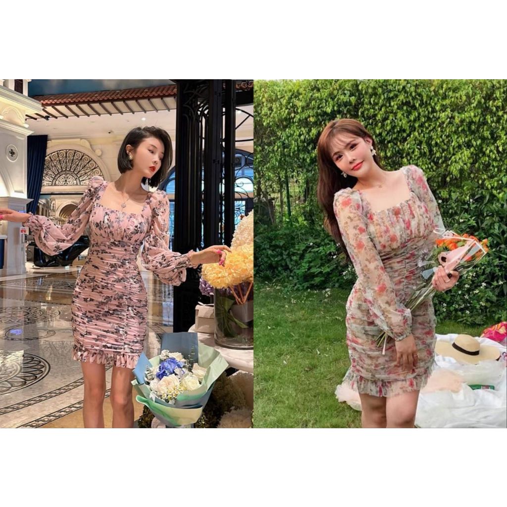 DRESS SABRINA BUNGA FULL PRINT VARIASI FULL KERUT LENGAN PANJANG TRANSPARAN PREMIUM WANITA TERUSAN D