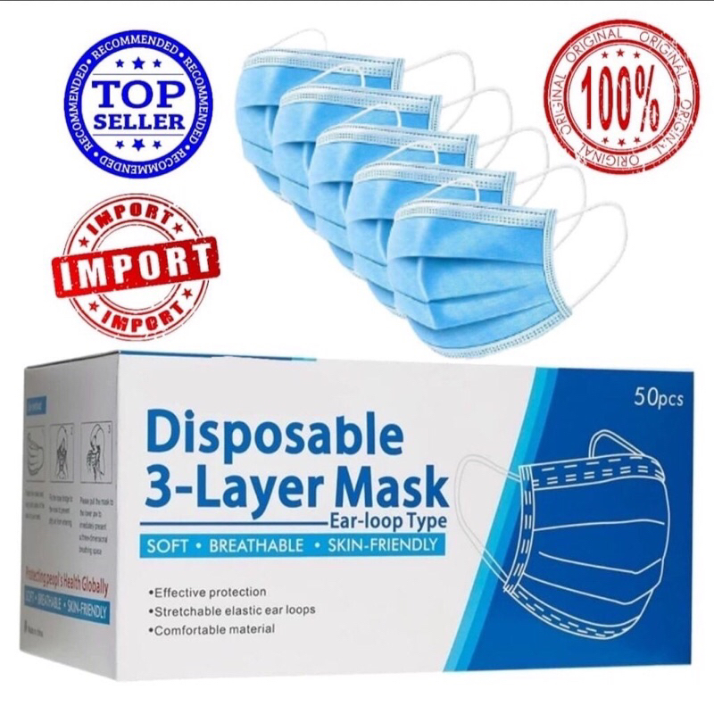 MASKER EARLOOP 3PLY BIRU DISPOSABLE ISI 50 PCS FREE BOX GRATIS BOX MASKER EARLOOP MASKER KOREA MASKE