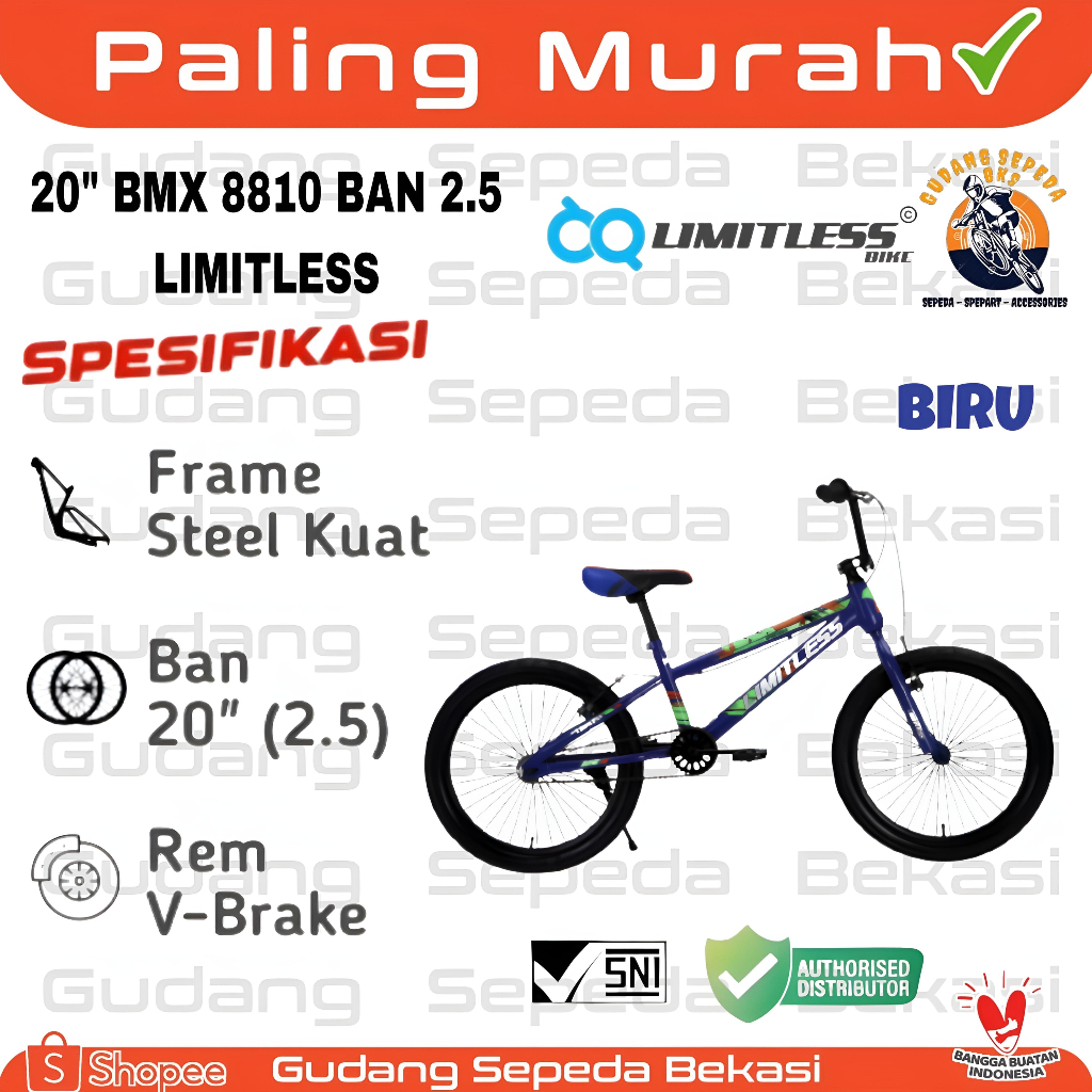 TERLARISSS SEPEDA ANAK LAKI LAKI BMX LIMITLESS 20 INCH 8810 / 8890 BAN 2.50 / AT 007 DB BAN 2.40 DIS