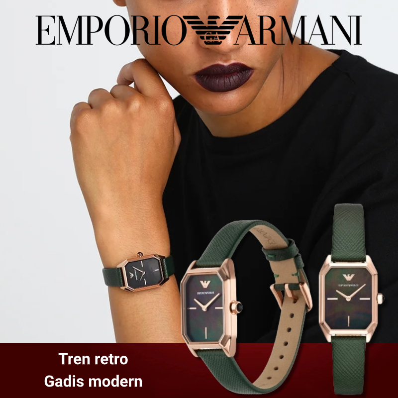 COD【100% Original】Emporio Armani watch - AR11149 Jam Tangan Wanita Kuarsa Kulit Hijau jam tangan persegi kasual retro Jam tangan edisi terbatas peragaan busana hijau