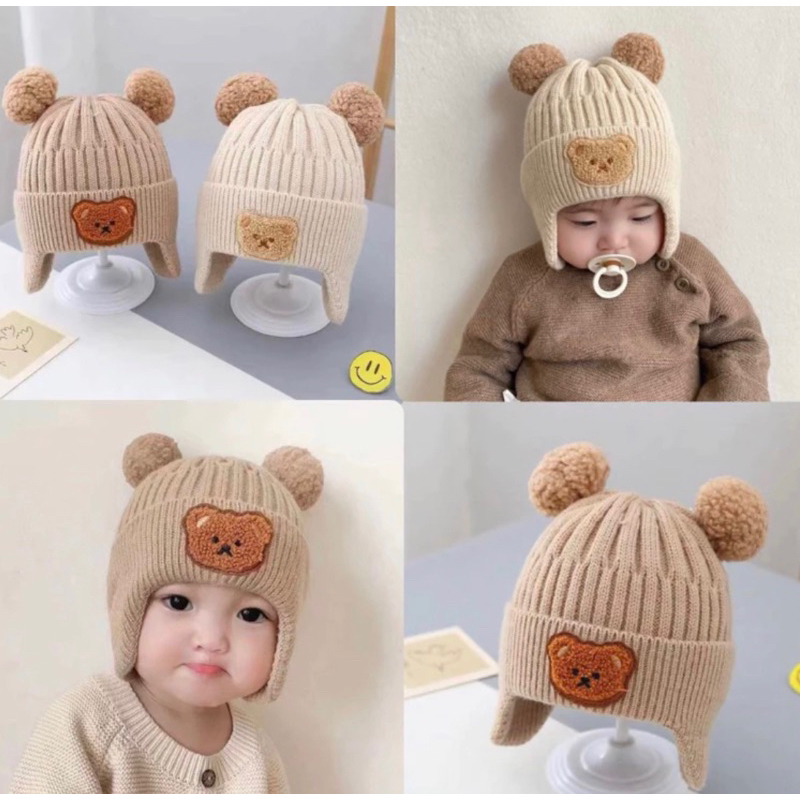 TOPI BAYI BEAR KNOT HAT PREMIUM TOPI POMPOM BAYI BABY KNOT HAT POMPOM KNIT RAJUT KUPLUK BAYI NEWBORN