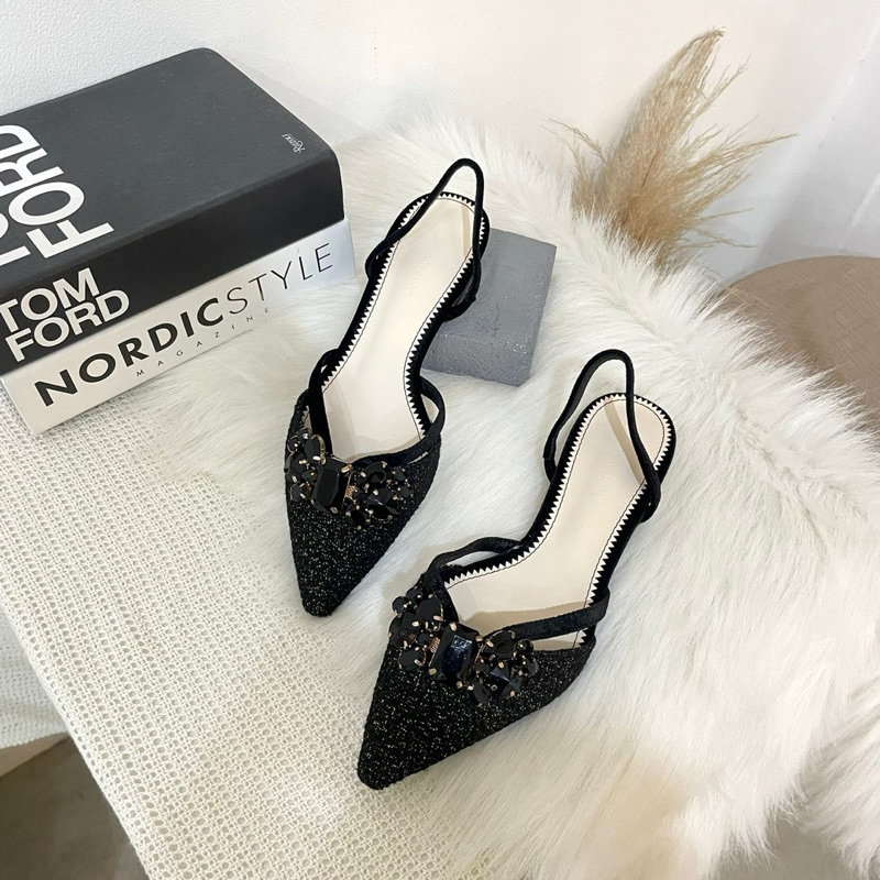 Ribbon glitter flatshoes stripe back zrs import high quality fashion shoes sepatu flat wanita tali b