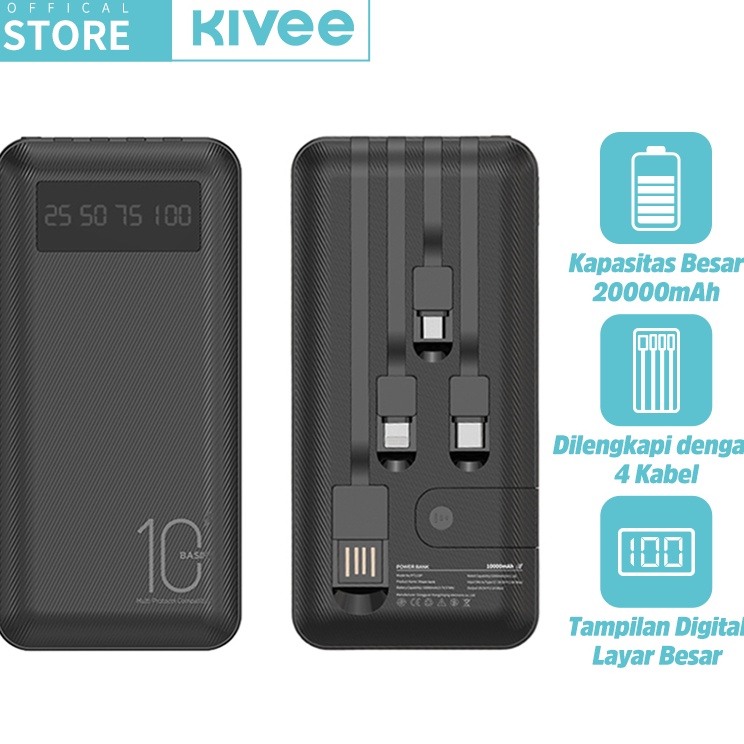 Terbaru KIVEE Powerbank 20000 mah Power Bank Fast Charging mini with Kabel Data Type C Original Gara