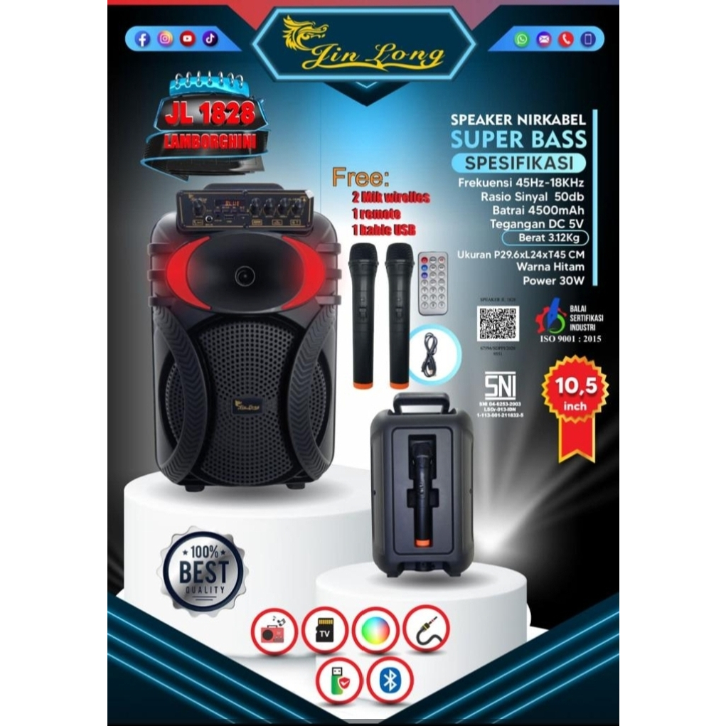 Speaker Jinlong 10,5 Inch 2 Mic Wireless JL1828 Lamborgini