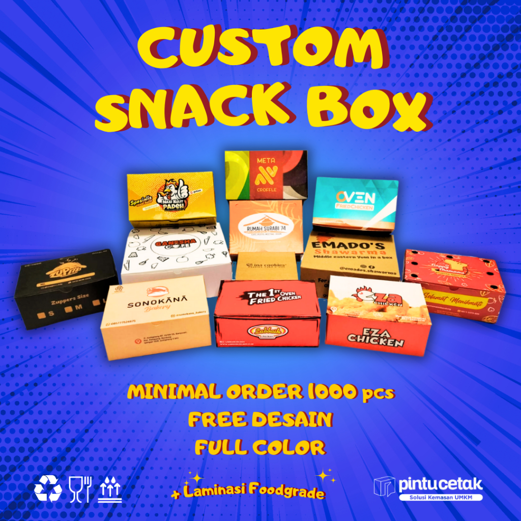 CUSTOM DESIGN SNACK BOX Makanan Paper Kraft, MIN ORDER 1000 PCS, DESIGN  FULL COLOR WARNA TERMURAH. 